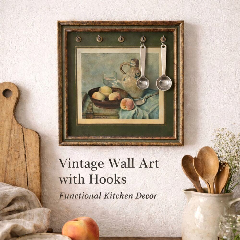 Vintage Framed Still Life Art with Hooks | Cottage Kitchen Wall Decor